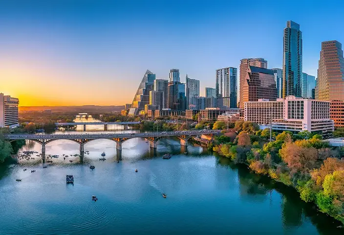Panoramic cityscape and Colorado River in Austin, Texas, where the 2023 TCEQ conference will be held