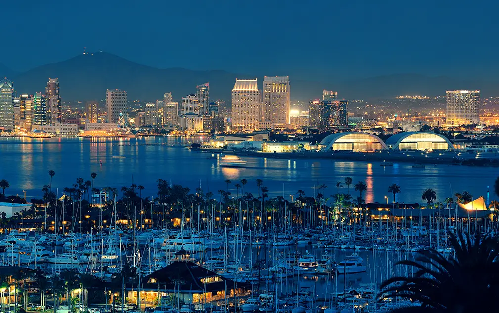 Night skyline of the San Diego Bay, San Diego, California where the 40th annual IEA training symposium and conference and bay cruise are being held.