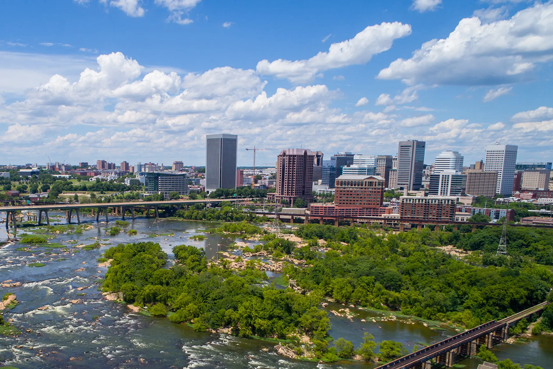 Aerial view of downtown Richmond, Virginia and the James river where the VWEA 2024 Stormwater Conference will be held.