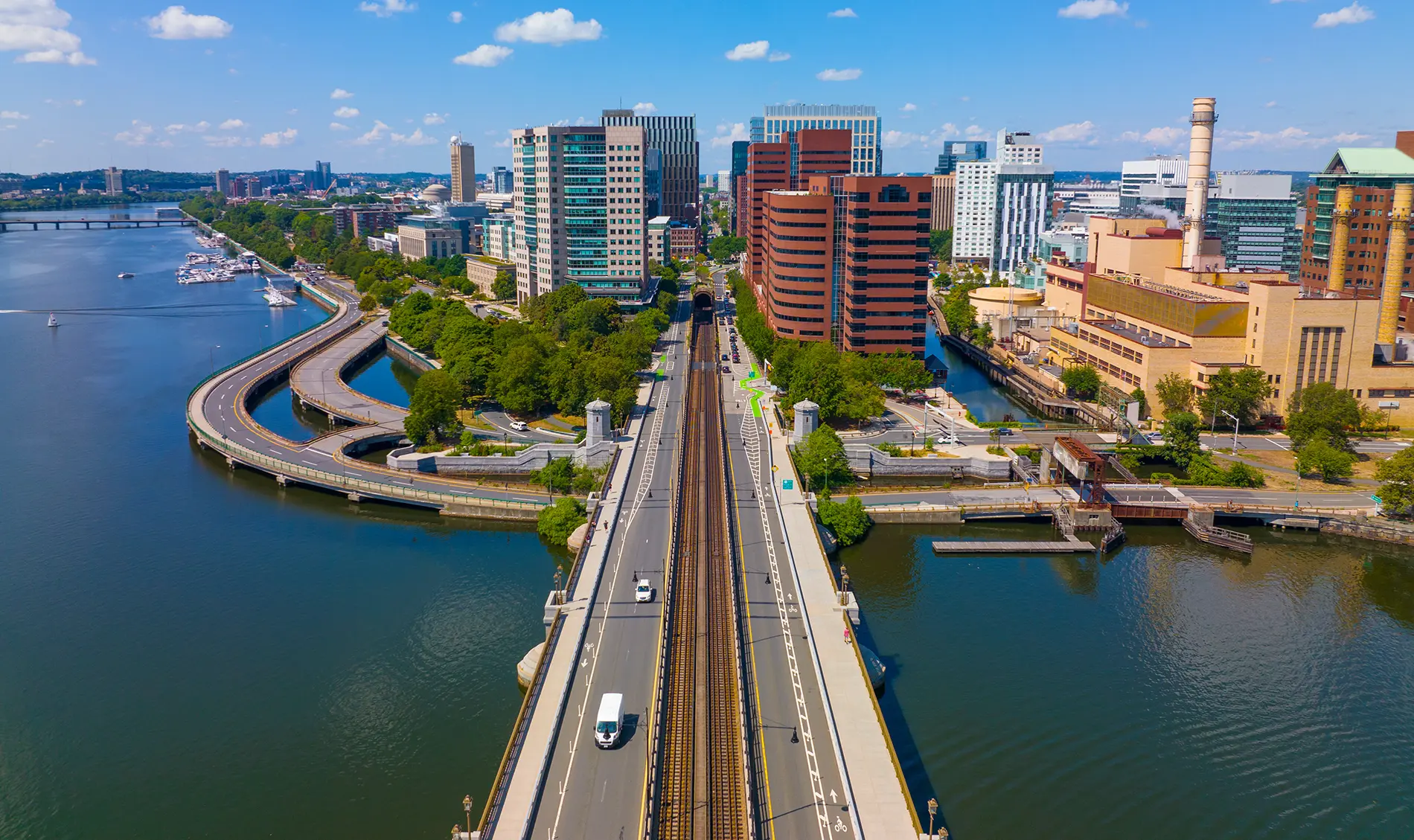 MassDOT Transportation aerial Boston highway entering Boston, MA