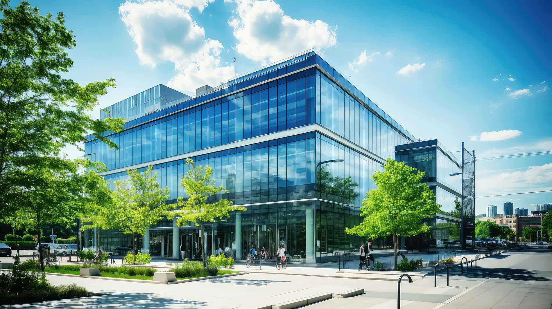 Pedestrians and cyclists passing by a modern building on their commute to work, reducing traffic-related air pollution and highlighting the business's commitment to sustainability & ESG efforts.