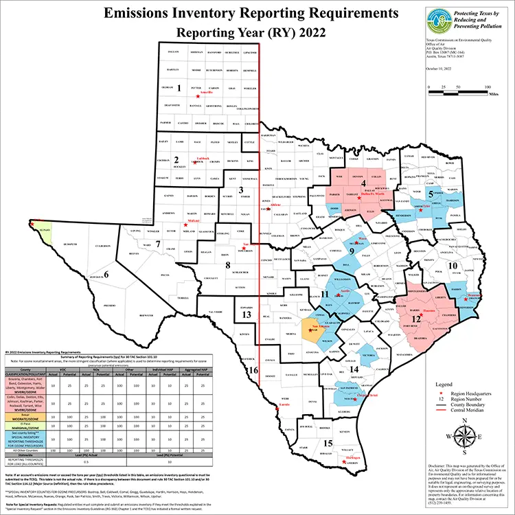 Map of emissions inventory reporting requirements for the state of Texas in 2022