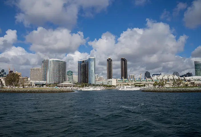 San Diego bay with the skyline and Convention Center in the background, where the IEA Conference will be held