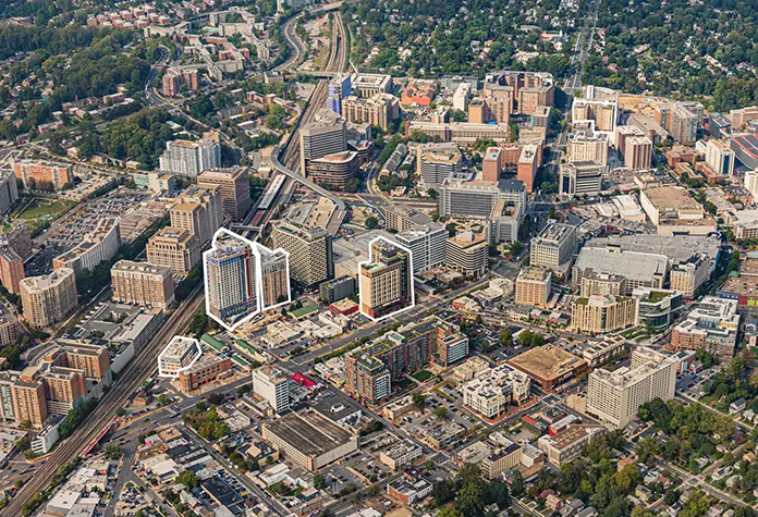 Aerial of the Ripley District, Silver Spring, MD where Apex Companies assisted with the VCP and urban redevelopment